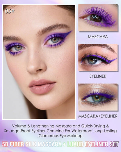 Purple Mascara Liquid Eyeliner Set, Update Longlasting Waterproof Color Eye Liner Pen, 5D Silk Fiber Colored Mascara Volume and Length, Halloween Party Stage Use Eye Makeup Gift Kit for Women Girl-05