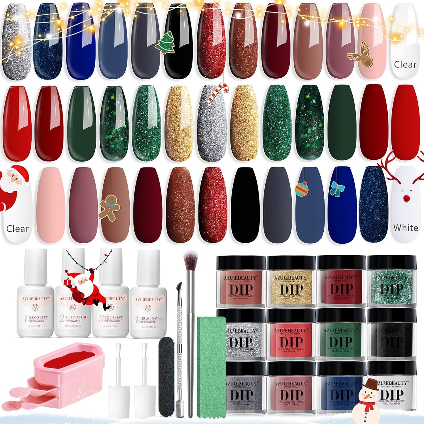 AZUREBEAUTY 31 PCS Dip Powder Nail Starter Kit Christmas, Red Green Gold Grey Acrylic Dipping Powder 20 Colors Set with Recycle Tray Top/Base Coat Activator French Nail Art Manicure Salon