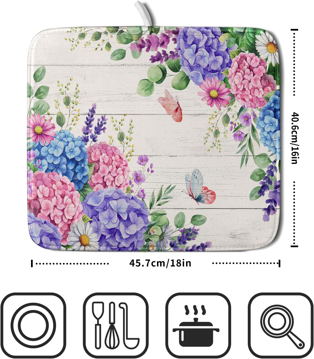 Hydrangea Floral Dish Drying Mat 16x18 inch Spring Summer Decorative Fast Dry Dishes Draining Mats Absorbent Microfiber Drainer Rack Pad