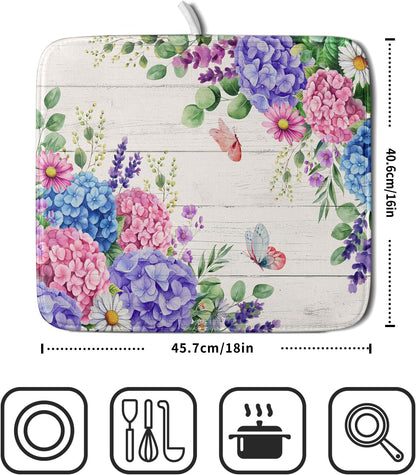 Hydrangea Floral Dish Drying Mat 16x18 inch Spring Summer Decorative Fast Dry Dishes Draining Mats Absorbent Microfiber Drainer Rack Pad