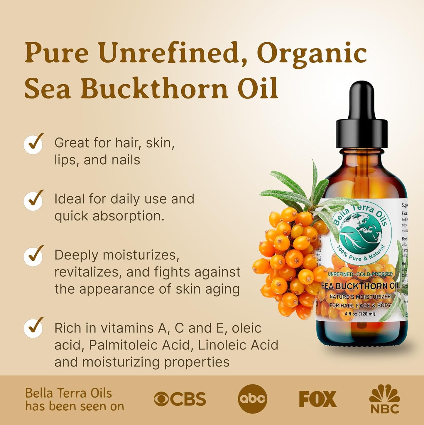 Bella Terra Oils - Sea Buckthorn Oil 8 oz - The Ultimate Elixir from Nature's Bounty, Rich in Flavonoids & Essential Fatty Acids, Gilded Luxe for Your Face