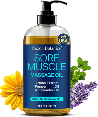 Sore Muscle Massage Oil for Massage Therapy 8 fl oz - Refreshing and Relaxing - Natural Oils with Arnica, Peppermint and Lavender Oil - for Men and Women - Nexon Botanics