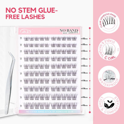 GAQQI Self Adhesive Eyelash Clusters, Natural Look No Glue Lashes 10-16mm, No Band Self Adhesive Lash Clusters 100pcs, Press On Lashes Invisible Band, With Lash Tweezer (LACE)