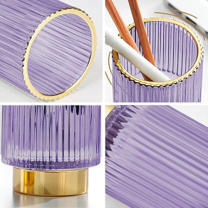 DASITON Makeup Brush holder Organizer,Crystal Cosmetic Makeup Brush Glass Brushes Storage Holder, Vintage Make Up Brush Cup Pen Pencil Holder striped vase(Purple S+L)