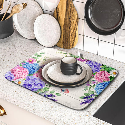 Hydrangea Floral Dish Drying Mat 16x18 inch Spring Summer Decorative Fast Dry Dishes Draining Mats Absorbent Microfiber Drainer Rack Pad