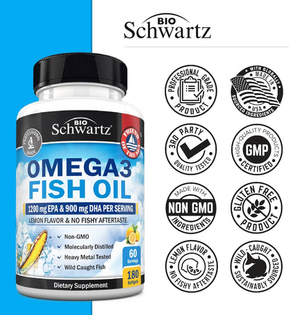 Triple Strength Omega 3 Fish Oil Supplement - 2250mg EPA DHA Omega 3 Fatty Acids from Fresh Wild Caught Fish, Burpless Lemon Flavor Formula Supports Eye Health and More, Gluten Free, 180 Softgels