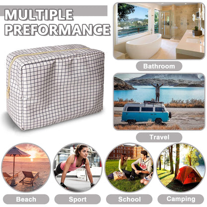 Large Makeup Bag Pouch, Nylon Women Travel Toiletry Storage Bag Checkered Cosmetic Bag for Girls, Big Preppy Makeup Organizer Bag Cute Zipper Pouch Skincare Bag for Sport School Work (Large-Checkered)