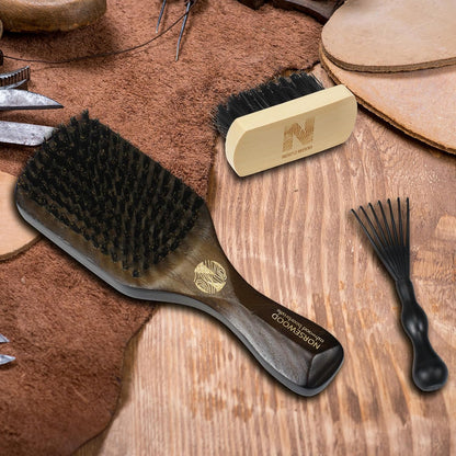 Boar Bristle Brush for Shine and Texture - Stiff Bristles for Medium Hair/Beards, Cleaning Brush Included