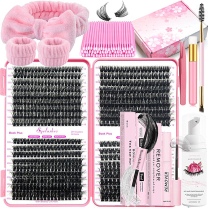 DIY Lash Extension Kit 684Pcs D Curl 10-18mm Lashes Clusters with Lash Shampoo Lash Bond and Seal Glue Remover Cleansing Brush Headband Wristband Tweezers Eyelash Brush Applicator