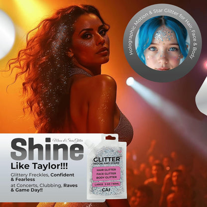 Face, Body & Hair Glitter Gel – Halloween Glitter for Kids and Women – 3 Oz Cosmetic-Grade Gel w/Moon & Stars for Festivals & Halloween Party, Easy Apply & Wash Off - Silver 2Pack