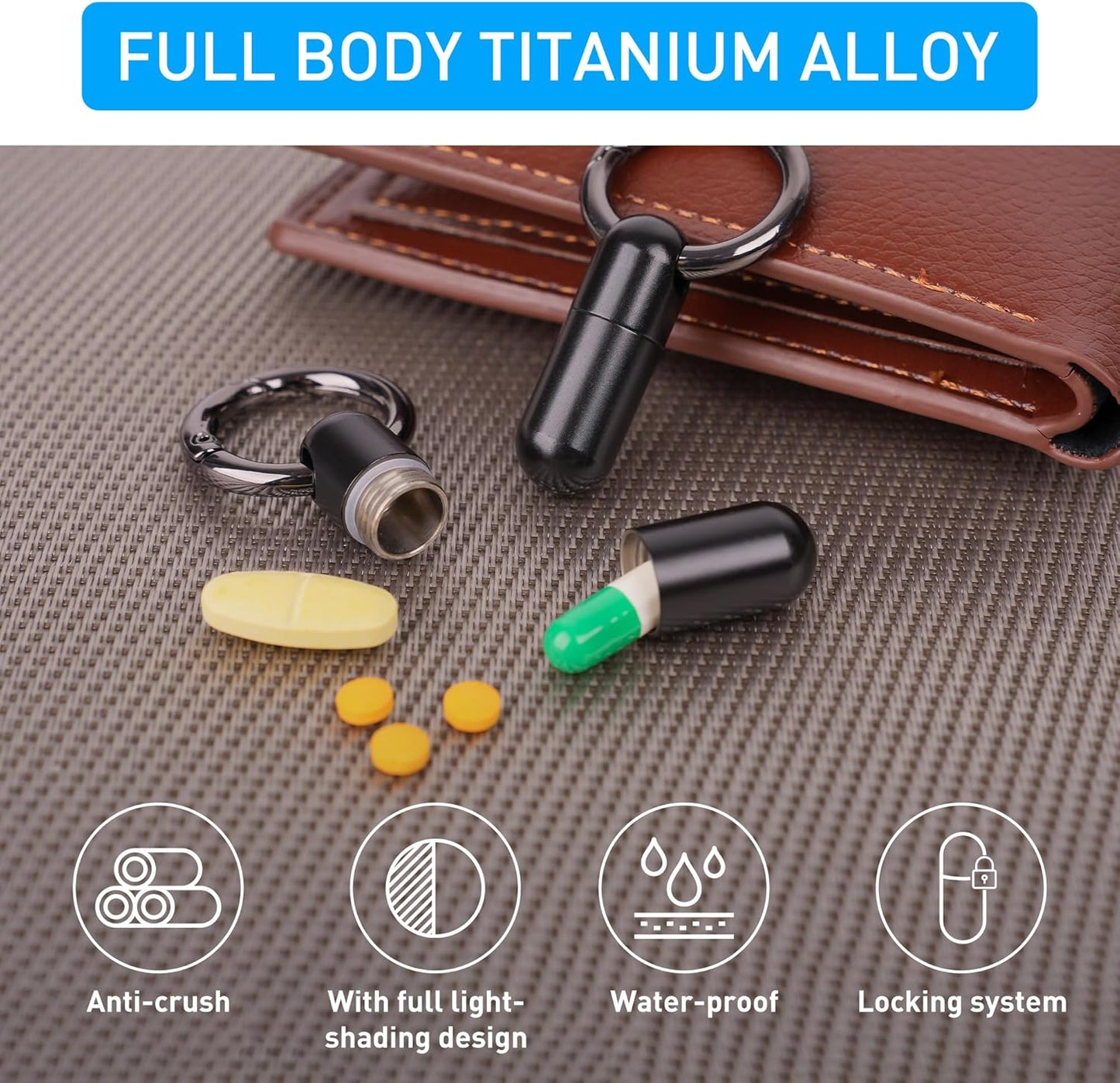 Micro Keychain Pill Holder Titanium Waterproof Mini Pill Container for Emergency Medicine，Travel Purse Pocket (Black)