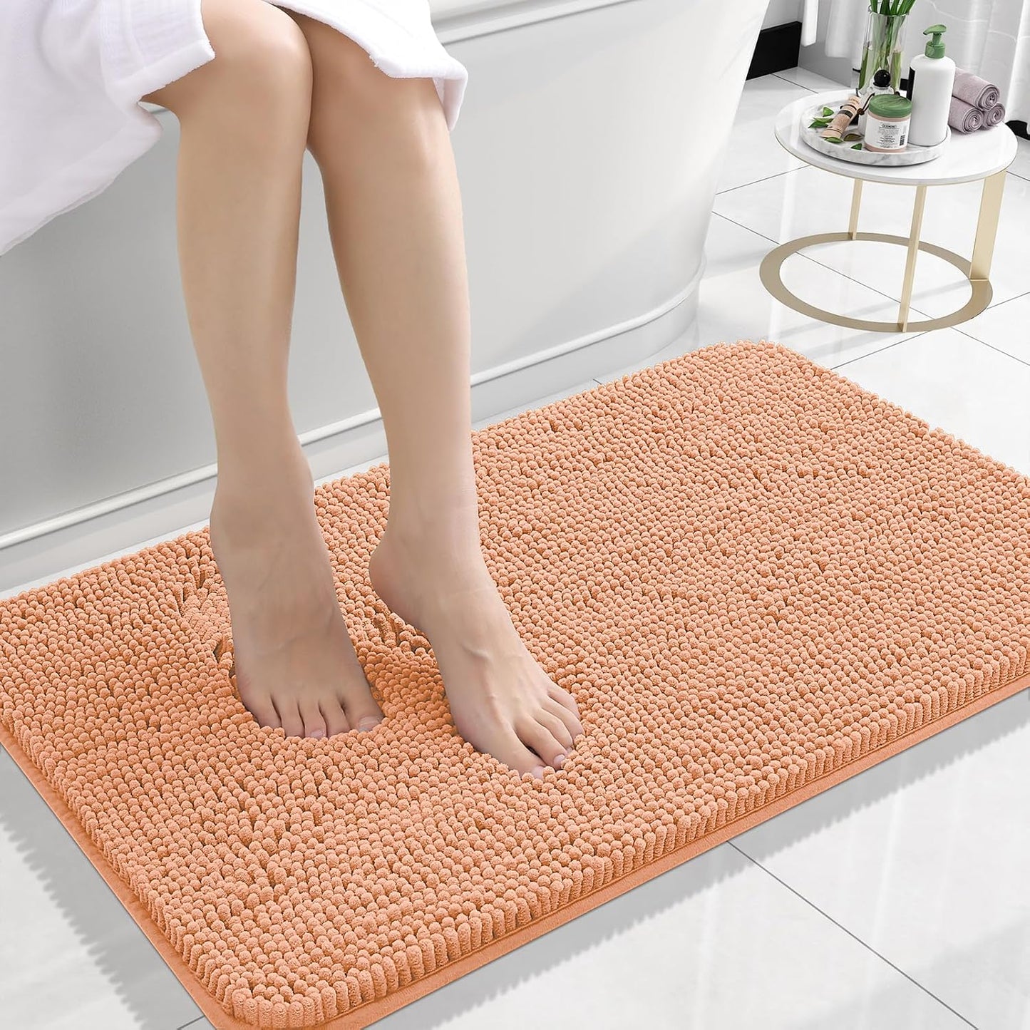 OLANLY Bathroom Rugs 24x16, Extra Soft Absorbent Chenille Bath Rugs, Rubber Backing Quick Dry, Machine Washable Bath Mats for Bathroom Floor, Tub and Shower, Home Decor Accessories, Peach