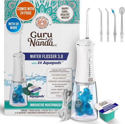 GuruNanda Advanced Dental Water Flosser 3.0 with UV Mode Water Flosser & 24 Aquapods with Mouthwash for Fresh Breath & Plaque Removal, Compact & TSA-Approved