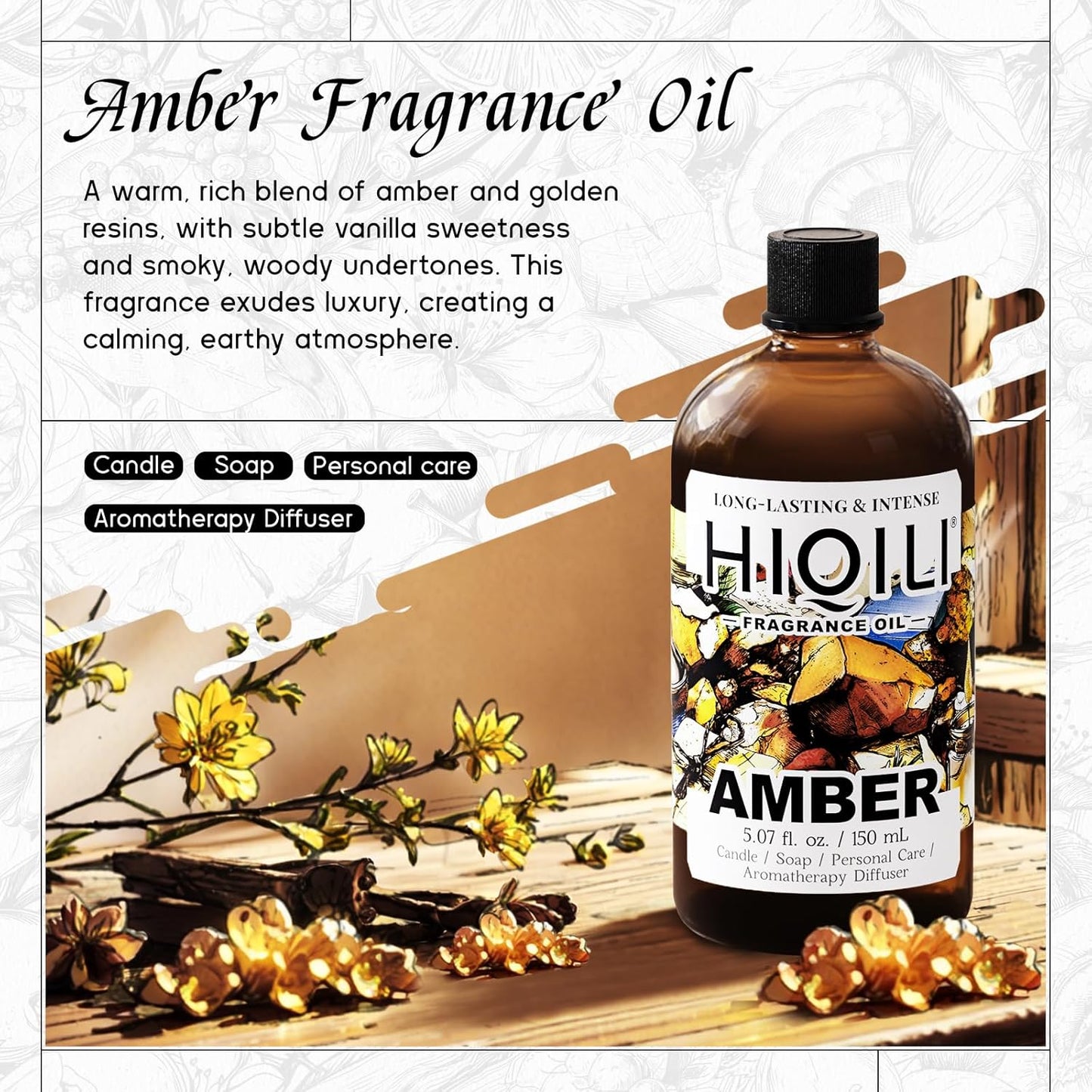 HIQILI Amber Fragrance Oil for Candle, Perfume, Soap Making, Hotel Scents for Essential Oil Diffuser & Aromatherapy - 5.07 Fl Oz