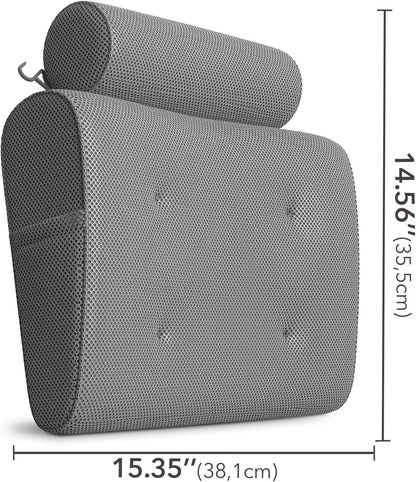 Everlasting Comfort Luxury Bath Pillows for Tub with Head and Neck Support - Non-Slip Bathtub Pillow with Suction Cups, Quick-Drying Mesh & Drying Hook - Jacuzzi & Bathtub Accessories for Women -Gray
