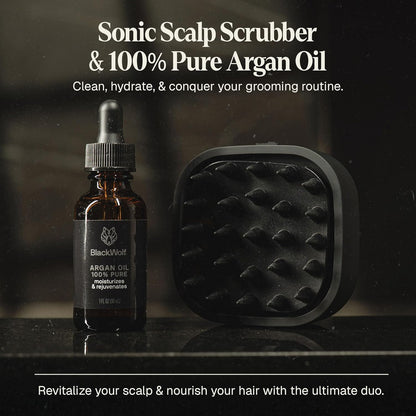 Black Wolf Sonic Scalp Head Massager & 100% Pure Argan Oil Bundle - Hair Care Products for Healthy Looking Hair & Scalp - Men's Shower & Bathroom Essentials Set