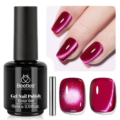 Beetles Red Cat Eye Gel Nail Polish - 15ML Cherry Red Glass Cat Eye Magnetic Glitter Gel Polish with Pink Powder Sheer Gel Soak Off UV Cherry Shimmer Collection Nail Art Design Manicure Gift for Women