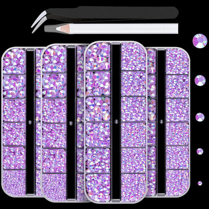 7000PCS Resin Rhinestones with Tweezers for Crafting, 2/3/4/5/6mm Flatback Jelly Rhinestones, 4 Box Lavender Purple AB Non Hotfix Crystal Gems for DIY Crafts Mugs Tumblers Clothes Makeup Nail