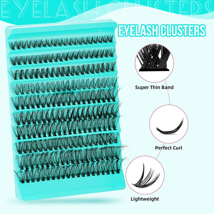 Lash Clusters 200pcs, Eyelash Extension Kit 40D D Curl Diy Cluster Eyelashes Extensions Lash Bond and Remover Waterproof Lash Applicator Tools for 8-18mm Mix Lashes Beginner Self Use