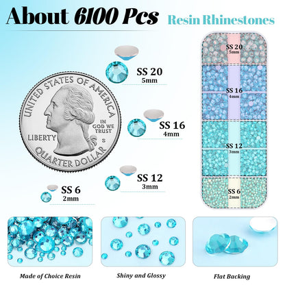 6100Pcs Resin Rhinestones for Crafting with 2Pcs 10ml B7000 Jewelry Glue, 1 Box Flatback Crystals Diamond (Teal Blue) for Bedazzling Crafts DIY Nail Art，Non Hotfix Gems for Clothing Shoes Tumblers