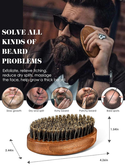Beard Brush, Natural Boar Bristles Beard Brush for Men and Wooden Sandalwood Pocket Beard Comb Set, Facial Hair Grooming Kit with Mustache Scissors as a Styling Tool, Growth, Detangles, Shine