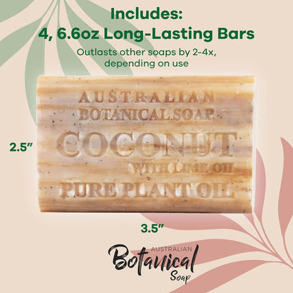 Australian Botanical Soap Coconut with Lime Oil 6.6 oz Luxury Soap Bars Enriched with Shea Butter, Pack of 4