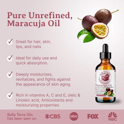 Bella Terra Oils - Maracuja Seed Oil 16oz - Cold-Pressed Purity from Passion Fruit Seeds, Infused with Essential Minerals & Fatty Acids, A Beacon for Skin Care Enthusiasts