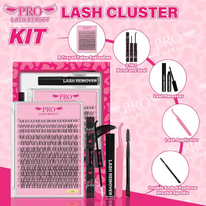 PROLASHBEAUTY Natural Lash Clusters Kit Lash Extension Kit Wispy Lash Clusters Lash Bond Remover Eyelash Applicator Beginner DIY Lashes Kit Easy to Use(Luna,8-16mix)