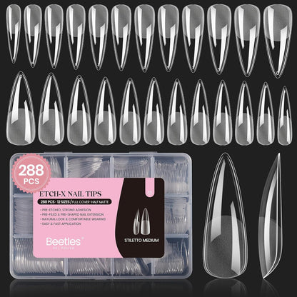 Beetles Gel Nail Tips Etch-X, Stiletto Medium, 288Pcs 12 Sizes, Pre-Etched Half Matte Full Cover Soft Acrylic False Nail Tips Pre-Shaped Easy DIY Fall Halloween Nail Extension Salon Gift for Women