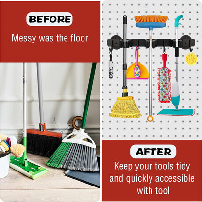 ULIBERMAGNET Magnetic Mop Broom Holder,Heavy Duty Movable Magnetic Broom Holder Rack,Anti-slip Wall Mounted Utility Storage Mop Shovel Hanger for Garage, Kitchen, Laundry, Garden(3 Racks / 4 Hooks)