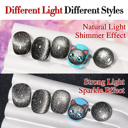 Double Rhythm Jelly Glass Cat Eye Gel Polish with Magnet 15ML Holographic Glitter Shimmer Translucent Sheer Color Magnetic Nail Polish Salon DIY at Home (Black Glitter-MC1061)