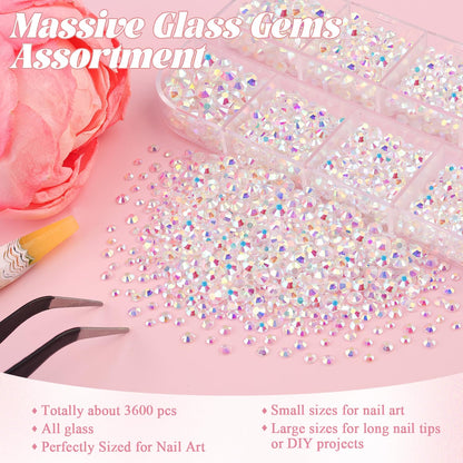 3600pcs Glass Transparent AB Nail Rhinestones 6 Sizes(1.8/2/2.4/2.8/3/4mm) Flatback Crystal Nail Charms Jewels Decoration for Nail Art and Crafting, Tweezer and Pickup Pen included