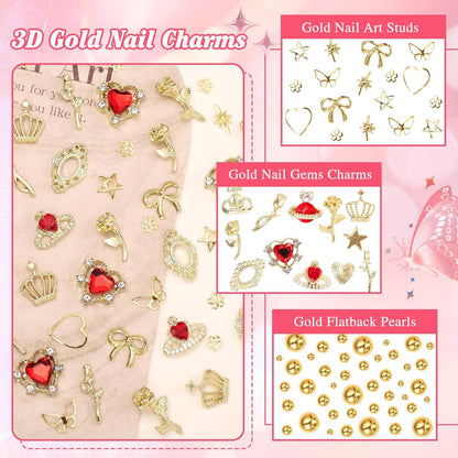 2 Boxes Metal Gold Nail Charms and Gems, 3D Alloy Crown Heart Planet Nail Gems Charms, Golden Bows Star Nail Studs, Gold Pearls Beads for Nails Art Designs DIY Accessories