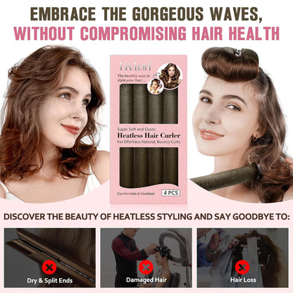 Heatless Curls Overnight, 4 Pcs No Heat Curling Blowout Rod, Satin Blowout Look Heatless Hair Rollers, Soft Flexi Rods for Big Curls to Sleep In