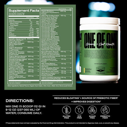 ONE of ONE Greens & Gut Health – Superfood Greens Powder with Prebiotics, Probiotics & Digestive Enzymes for Gut Health, Immunity & Energy, No Artificial Sweeteners - Pineapple, 30 Serving