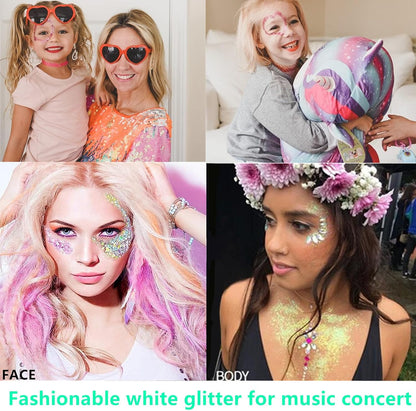 Go Ho White Pink and Silver Face Body Glitter Gel Set,Mermaid Face Paint,Holographic Long Lasting Chunky Sequins Glitter Makeup for Singer Concerts,Halloween Festival Rave Accessories