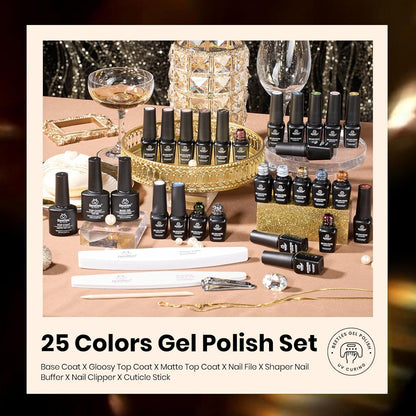 beetles Gel Polish Set - Fall Gel Nail Polish Kit 33Pcs 25 Colors Black White Burgundy Blue Nude Grey Green Glitters UV Nail Polish Set with Top Base Coat Soak off Nail Art Gift for Women Gilded Veil