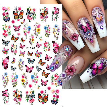 8 Sheets Butterfly Flower Nail Art Stickers 3D Self-Adhesive Spring Summer Nail Sticker Flower Nail Art Decals Holographic Blossom Nail Decal Decoration for Women Colorful Butterfly Manicure Supplies