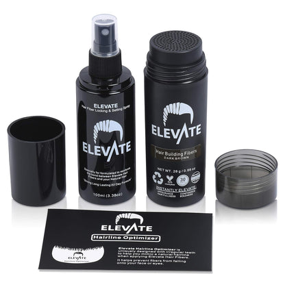 Elevate Hair Building Fibers 3-in-1 Kit for Thinning Hair (Dark Brown) Keratin Hair Thickening Powder with Fiber Lock Spray & Hairline Optimizer Comb - Instant Concealer Applicator for Men & Women