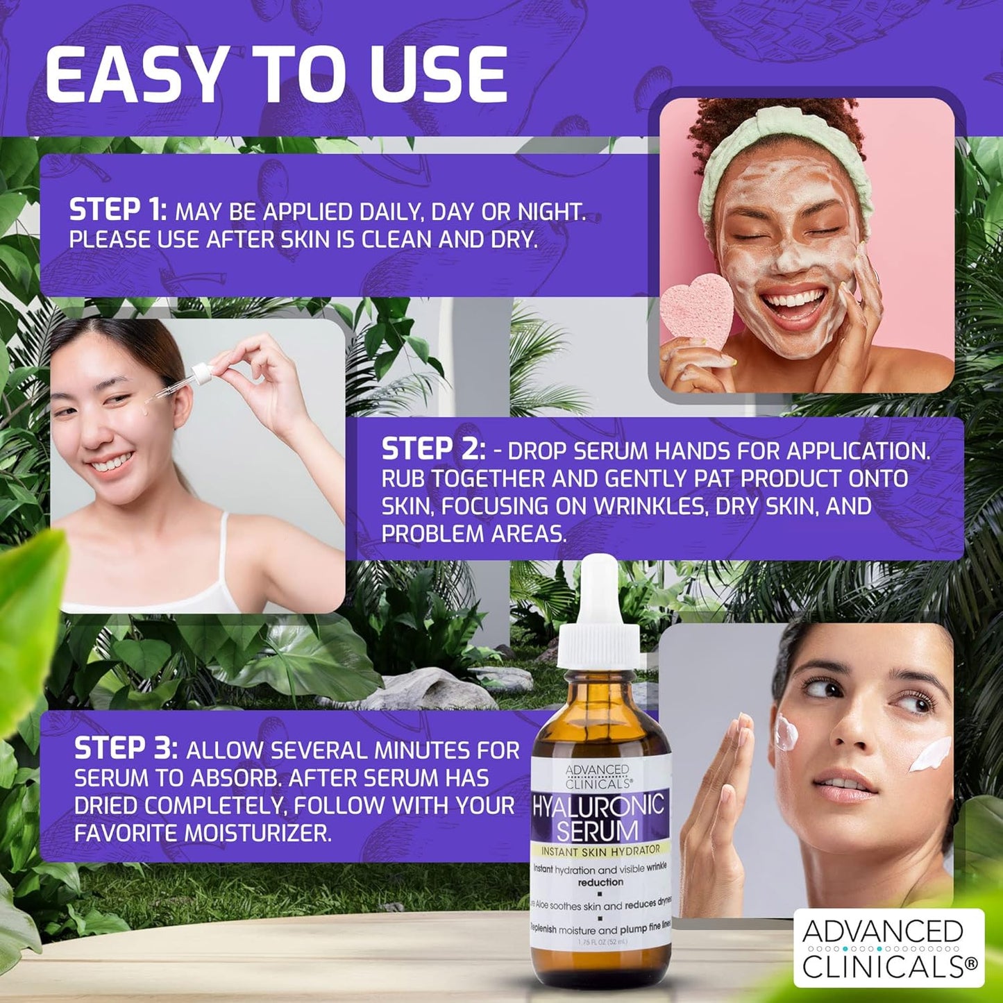 Advanced Clinicals Hyaluronic Acid Face Serum Skin Care Facial Moisturizer To Restore Skin, Anti Aging Face Serum For Wrinkles, Dark Spots, Fine Lines, & Dry Skin, 1.75 Fl Oz (Pack Of 2)