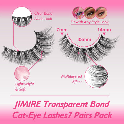 JIMIRE Lashes with Clear Band Demi-Wispies Fluffy Faux Mink Eyelashes Wispy Cat-Eye False Eyelashes Natural Look 7 Pairs Pack