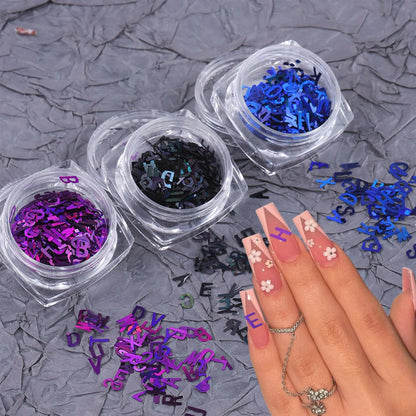 3 Colors Nail Art Glitters & Sequins - Black & Purple Letter Shaped Nail Sticker for Women's Manicure DIY
