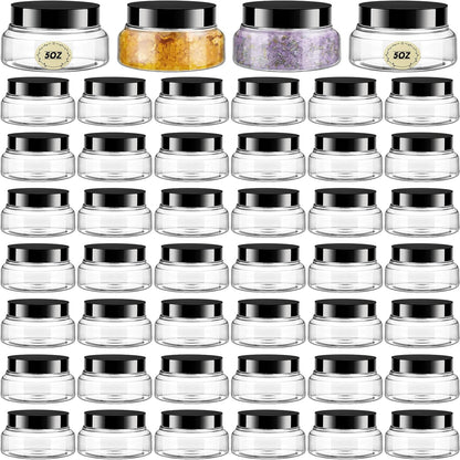 Tessco 48 Pcs Plastic Jars with Lids and Labels Body Scrub Jars Round Refillable Cosmetic Containers Empty Butter Travel Containers for Sugar Scrub Lotions Cosmetics Cream (5 oz,Clear)