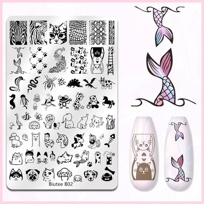 Biutee 4PCS Nail Stamping Plates Set, Includes Nail Art Stamper & Scraper - French Line Lace, Space, Animal, Flower, Leaf Designs - Large Nail Art Stencils Templates for DIY Manicure