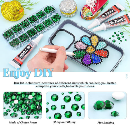 6000Pcs Resin Rhinestones for Bedazzling with 3Pcs B7000 Jewelry Glue, 1 Box Emerald Green Flatback Rhinestones for Crafting Crafts DIY, Crystals Gems for Clothing Shoes Tumblers Nail Art Makeup