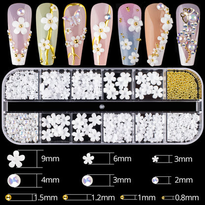 Mixed 3D Nail Art Gem Decoration Accessories Kit #9, Butterfly Starry AB Rhinestone Charm Jewelry for Deco, Pearl Flower Caviar Bead Stone Crystal with Pickup Pencil and Tweezer