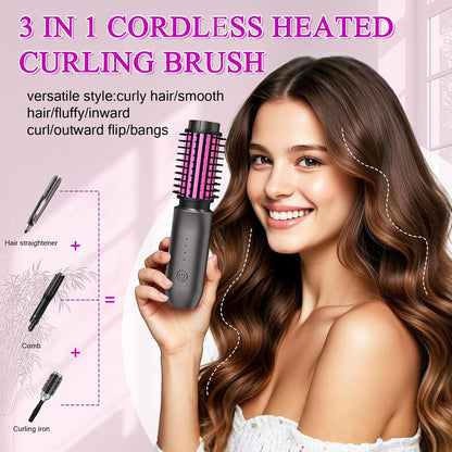Mini Cordless Curling Iron Brush, Portable Hair Straightening Brush, Cordless Hair Curler Anti-Frizz with Negative Ions, 3-in-1 Crimper Hair Tool, Rechargeable Wave Curling Wand - Night Purple