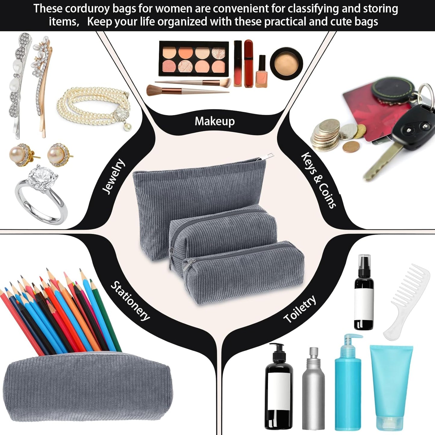 3 Pcs Makeup Bag Set for Women Corduroy Cosmetic Pouch Aesthetic Smile Travel Toiletry Bag Cute Purse Pouch Pencil Case Makeup Brushes Storage Organizer for Christmas(Gray,Solid Style)