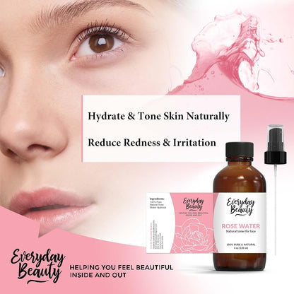 Rose Water Facial Toner - Alcohol-Free Vegan All Natural Refreshing Spray Mist for Face and Hair - Uplifts, Calming & Soothing for All Skin Types 4oz with Fine Mist Cap