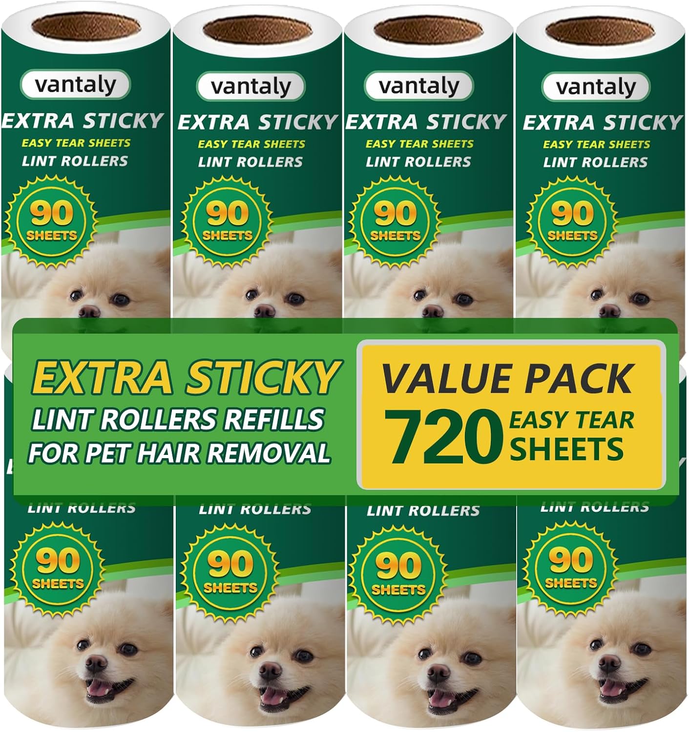 Extra Sticky Lint Roller Refills, 8 Pack with 720 Sheets Total, Pet Hair Remover for Clothes, Car, Furniture (720 Refills)